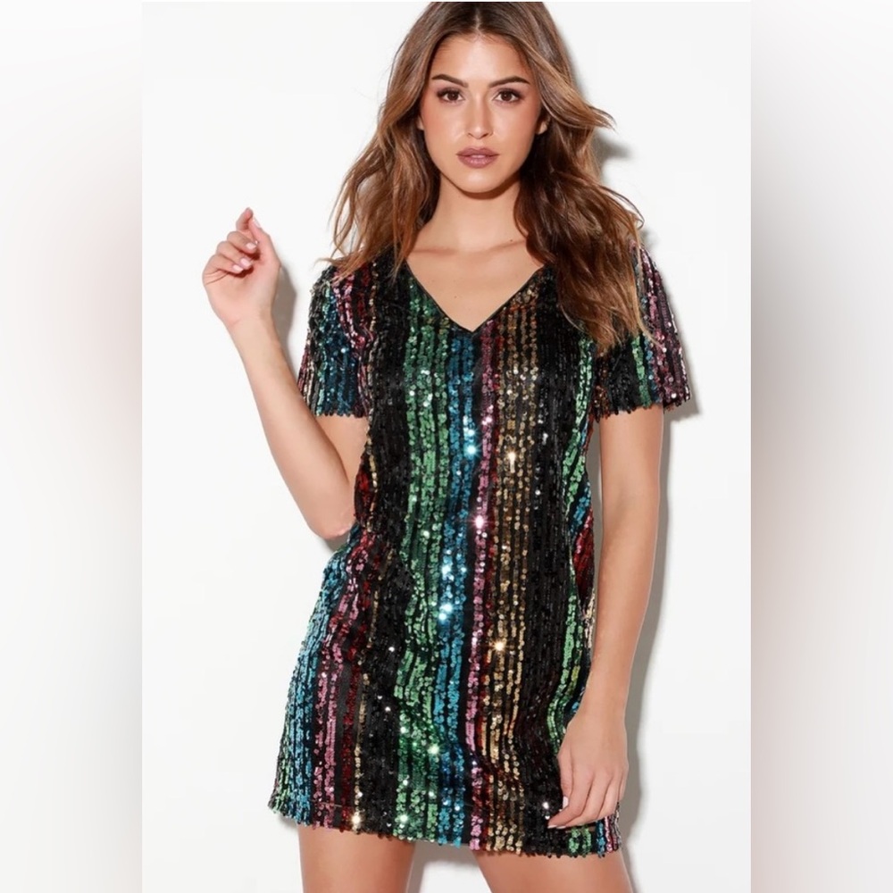 Lulus Multi Color Stripe Sequin Mini Dress